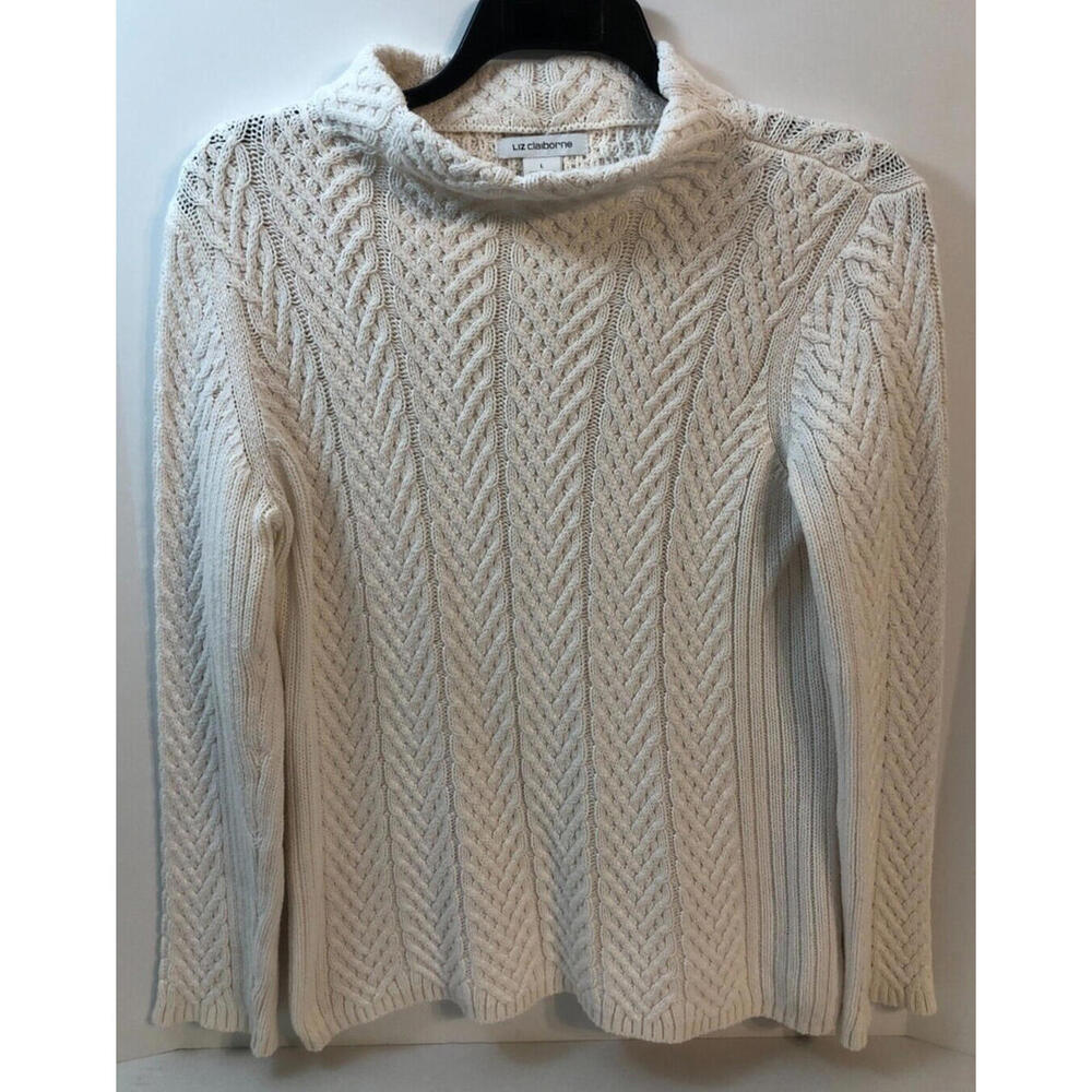Vintage Liz Claiborne Women’s Knit Mock Turtleneck Sweater Ivory White Size L